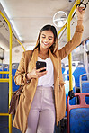 Bus, happy woman and phone with public transport, social media scroll and smile with business commute. City travel, stop and internet app of a female professional on a mobile with networking on metro