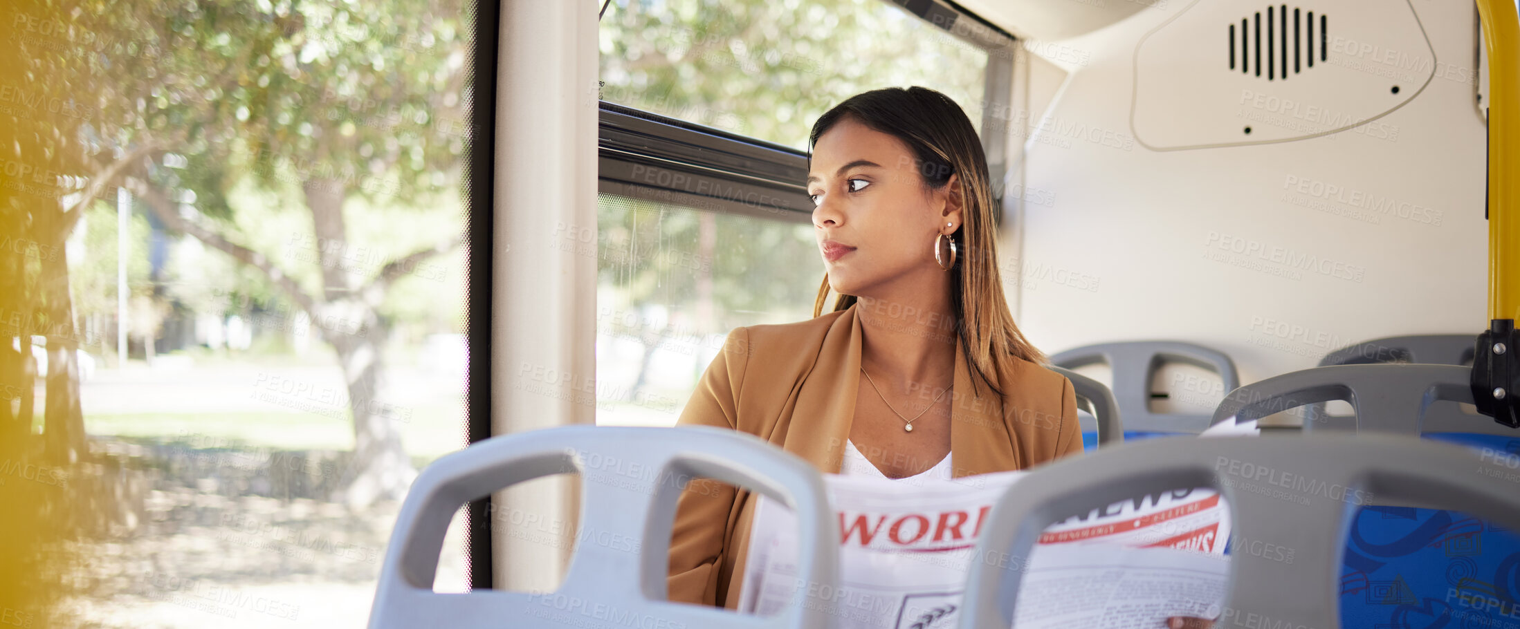 Buy stock photo Woman on a bus, transport and travel with newspaper, commute to work or university, city and traffic. Transportation, vehicle and student, day trip and reading material with metro and public service