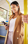 Bus, woman and phone with public transport, social media scroll and smile with business commute. City travel, stop and internet app of a female professional on a mobile with networking on metro