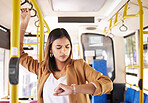 Woman on a bus, transport and check time on commute, travel to work or university with city and traffic. Transportation, vehicle and student late, journey and schedule with metro and public service