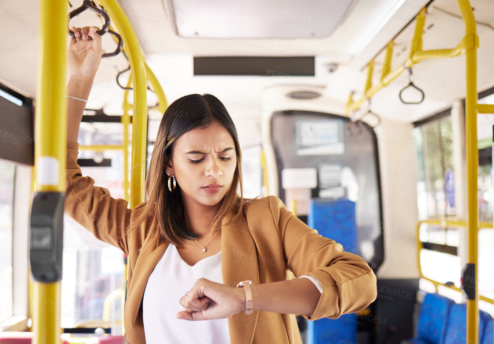 Buy stock photo Woman on a bus, transport and check time on commute, travel to work or university with city and traffic. Transportation, vehicle and student late, journey and schedule with metro and public service