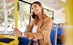 Woman, thinking and phone call on bus, transport or travel in city with business communication, online news or chat. Happy woman on metro, urban journey and talking of career opportunity on mobile