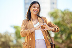 Portrait, city and woman with heart sign, business and travel with support, emoji and kindness. Person, employee and worker with gesture, social media and outdoor with symbol for love, care and icon
