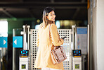 Smile, portrait and a woman with access to a station for travel, transport or or a train. Happy, airport and a girl or person with a boarding pass for a commute, electronic entrance or machine