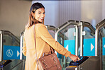 Smile, portrait and a woman with a ticket at a station for travel, access or or a train. Happy, airport and a girl or person with a boarding pass for a commute, electronic entrance or machine