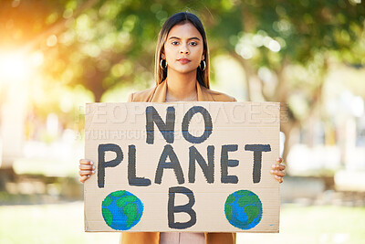 Buy stock photo Woman, poster and save planet sign at park for climate change, environment and green eco friendly protest. Young person in portrait and nature, earth or globe support for sustainable world and action