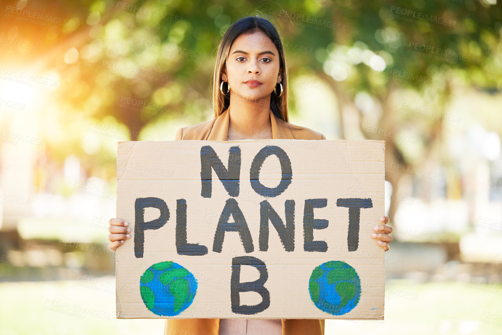 Buy stock photo Woman, poster and save planet sign at park for climate change, environment and green eco friendly protest. Young person in portrait and nature, earth or globe support for sustainable world and action