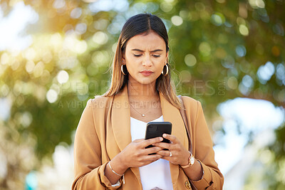 Buy stock photo Phone, text and confused woman in a city street frustrated by 404, glitch or phishing scam outdoor. smartphone, app and lady with wtf face for taxi request, quote or chauffeur service travel delay