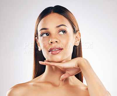 Buy stock photo Skincare, glow and hand on face of woman in studio for self care, wellness or satisfaction on white background. Beauty,  results and lady model with cosmetic, care or facial, dermatology or treatment