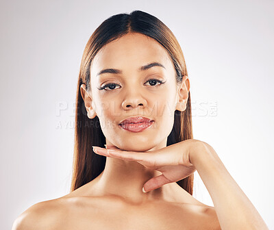 Buy stock photo Skincare, portrait and woman in studio for self care, wellness or cosmetic satisfaction on white background. Beauty, face and lady model with cosmetic, care or facial, dermatology or treatment result