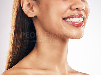 Buy stock photo Woman, face and teeth whitening with smile, dental and health, skin and lip gloss on white background. Mouth wellness, oral healthcare and orthodontics, veneers and makeup, cosmetic care in studio