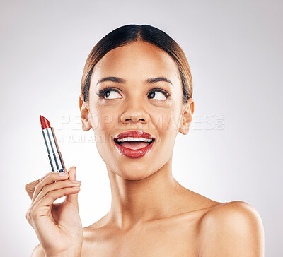 Buy stock photo Woman, red lipstick and makeup with beauty, cosmetics with skin glow isolated on white background. Cosmetology, bold color and face with skincare, product with smile and self care in a studio