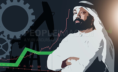 Buy stock photo Portrait, arms crossed and Muslim man in studio isolated on a stock market background. Face, serious and confident Islamic person in kandora for business, finance or trading in Dubai in generative ai