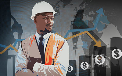 Buy stock photo Graphic, thinking and a black man with arms crossed for construction, building or logistics planning. Engineering, safety and an African handyman or maintenance employee with an idea on composite