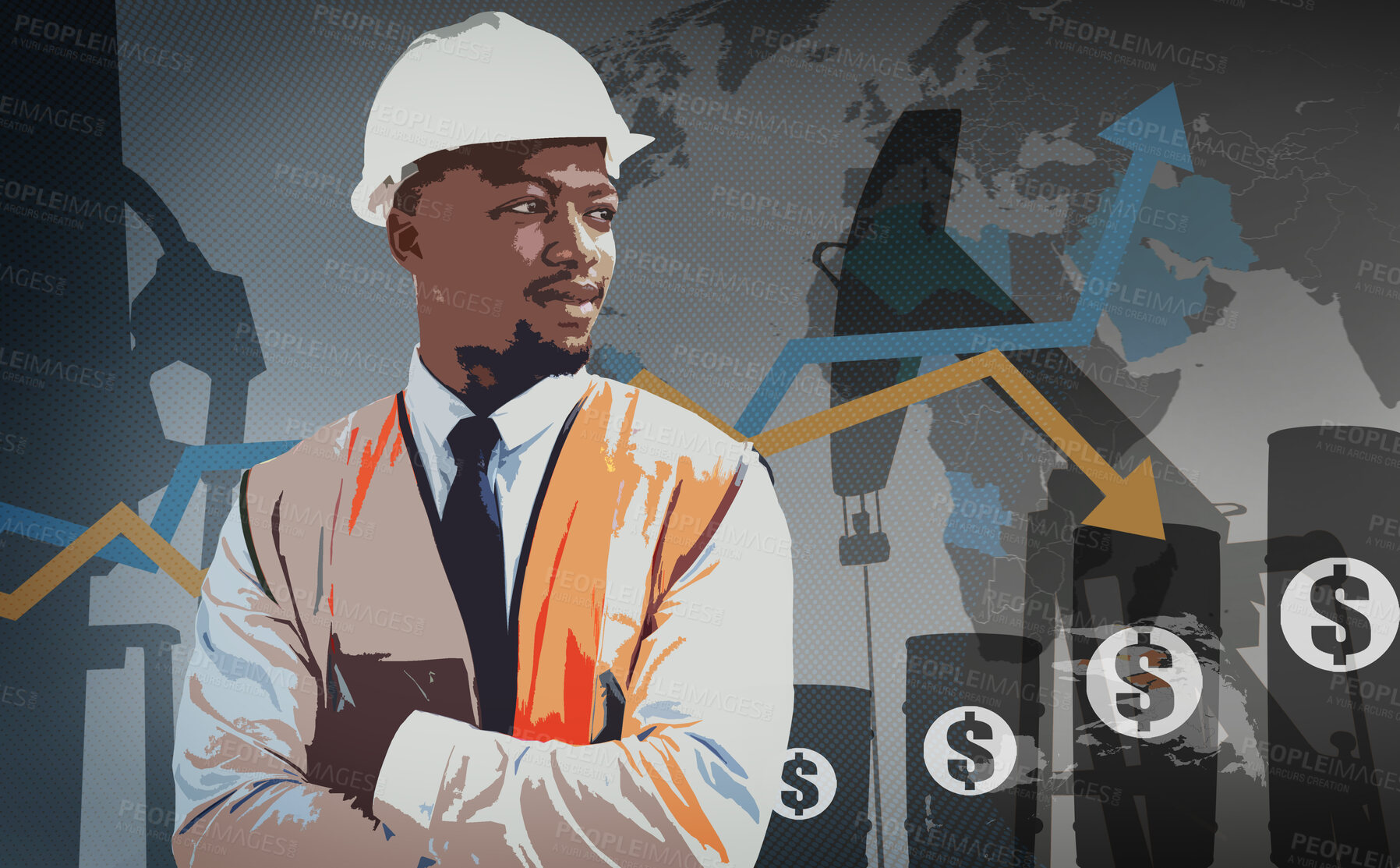 Buy stock photo Graphic, thinking and a black man with arms crossed for construction, building or logistics planning. Engineering, safety and an African handyman or maintenance employee with an idea on composite