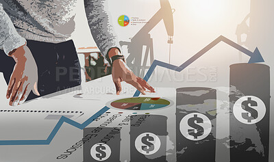 Buy stock photo Hands, graphs and statistics of oil price, fracking and business infographics. Chart, data and market for crude fuel, information on stock investment and finance trading for profit on generative ai