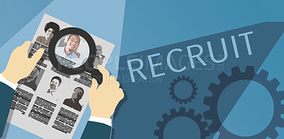 Buy stock photo Recruitment, illustration and hiring digital art with search, cv and candidate with creative graphic. Interview, drawing and recruiting infographic with text, message and human resources research