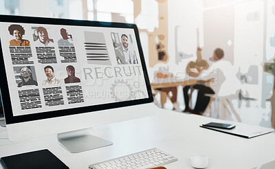 Buy stock photo Recruitment, website and search on computer screen in office with people in human resources and we are hiring in business. Hr, recruit and online application or resume of employees with face on pc 