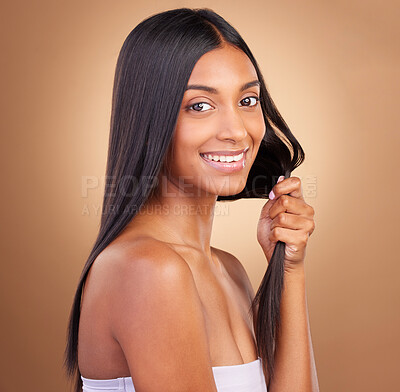 Buy stock photo Beauty, hair and happy with portrait of woman in studio for keratin, salon treatment and texture. Shampoo, health and growth with face of model on brown background for glamour, shine and hairstyle