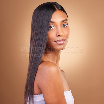 Buy stock photo Beauty, hair and skincare with portrait of woman in studio for keratin, salon treatment and texture. Shampoo, health and growth with face of model on brown background for glamour, shine and hairstyle