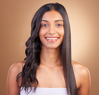 Buy stock photo Curly, straight and portrait of woman with hair transformation, choice or Brazilian treatment in salon on background. Studio, face and model with haircare, hairstyle and happiness for beauty change