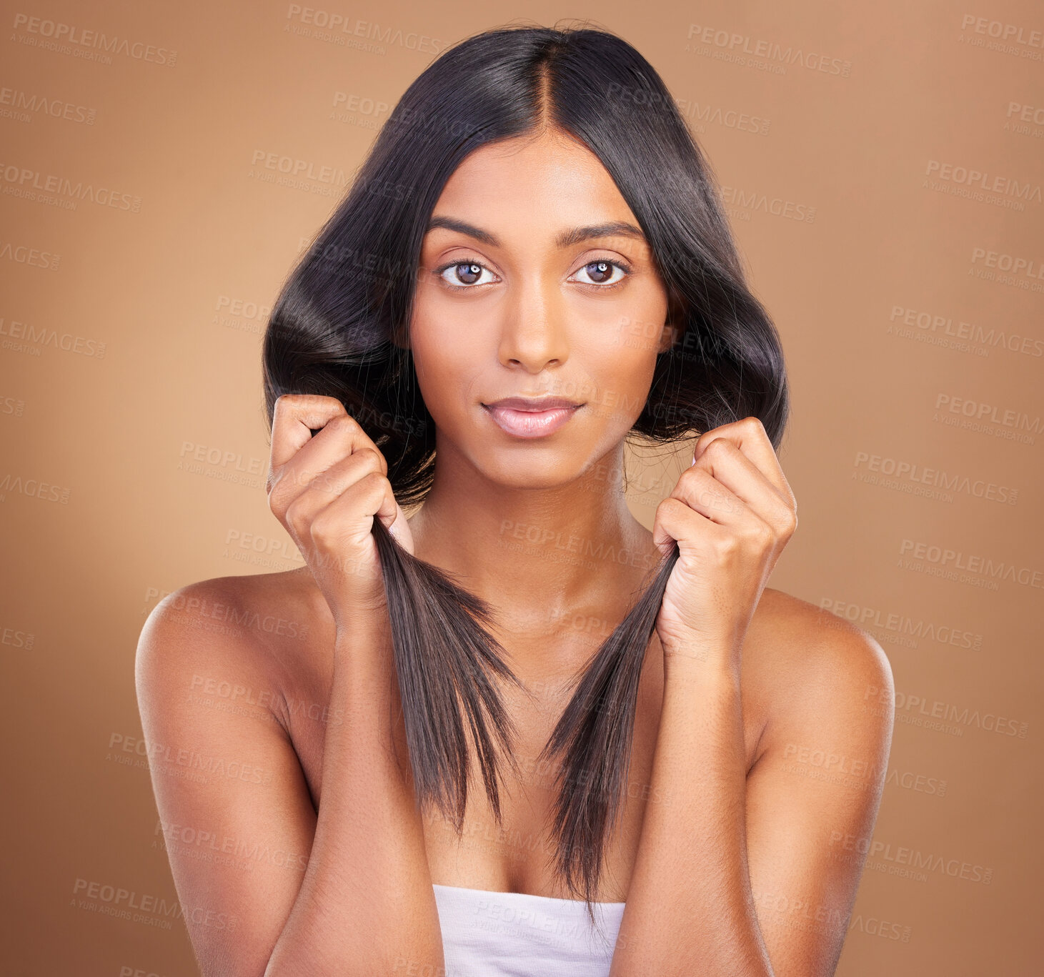 Buy stock photo Beauty, hair care and texture with portrait of woman in studio for keratin, salon treatment and cosmetics. Shampoo, health and growth with model on brown background for glamour, shine or hairstyle