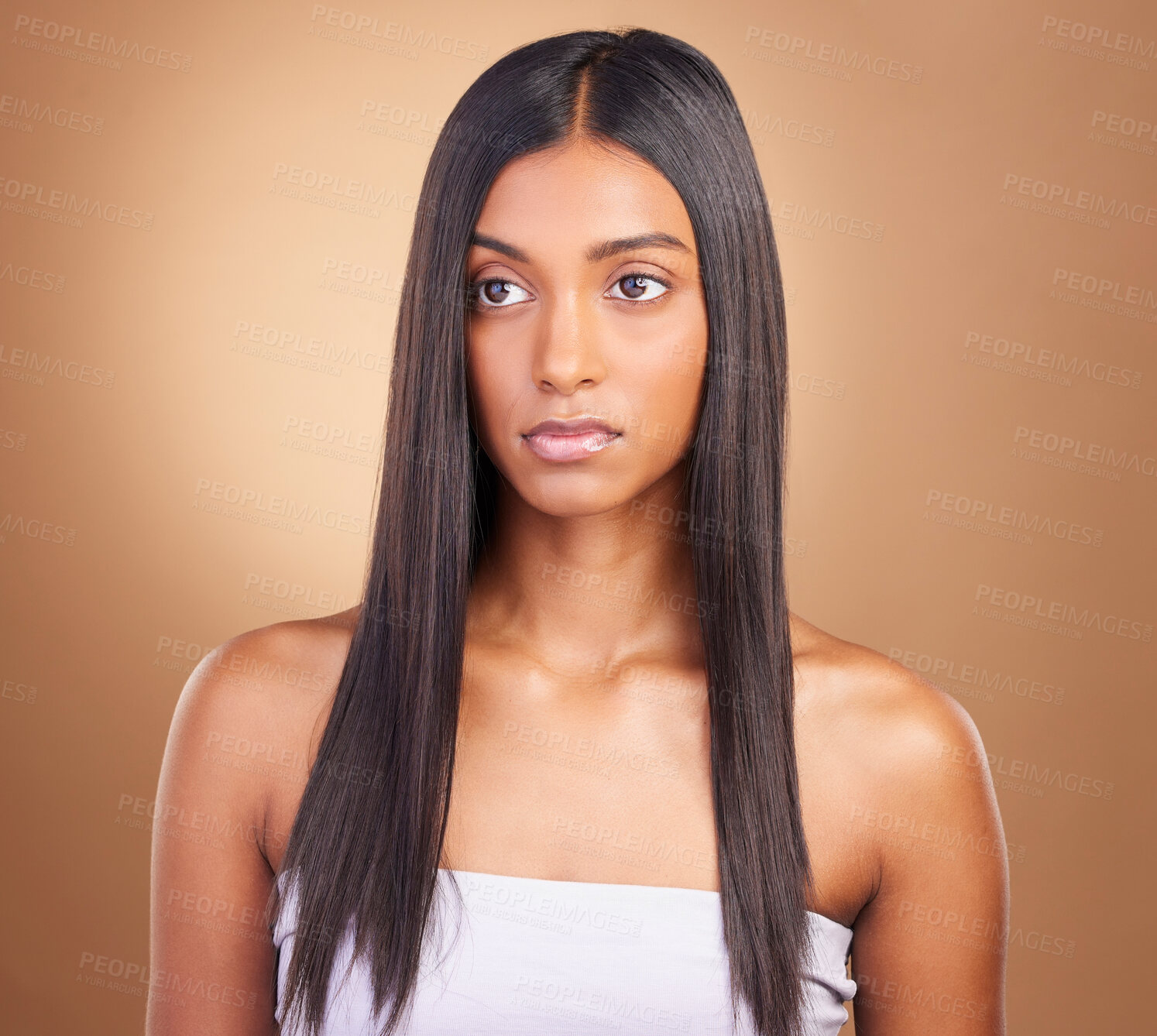 Buy stock photo Beauty, hair care and skincare with face of woman in studio for keratin, salon treatment and texture. Shampoo, health and growth with model on brown background for glamour, shine and hairstyle