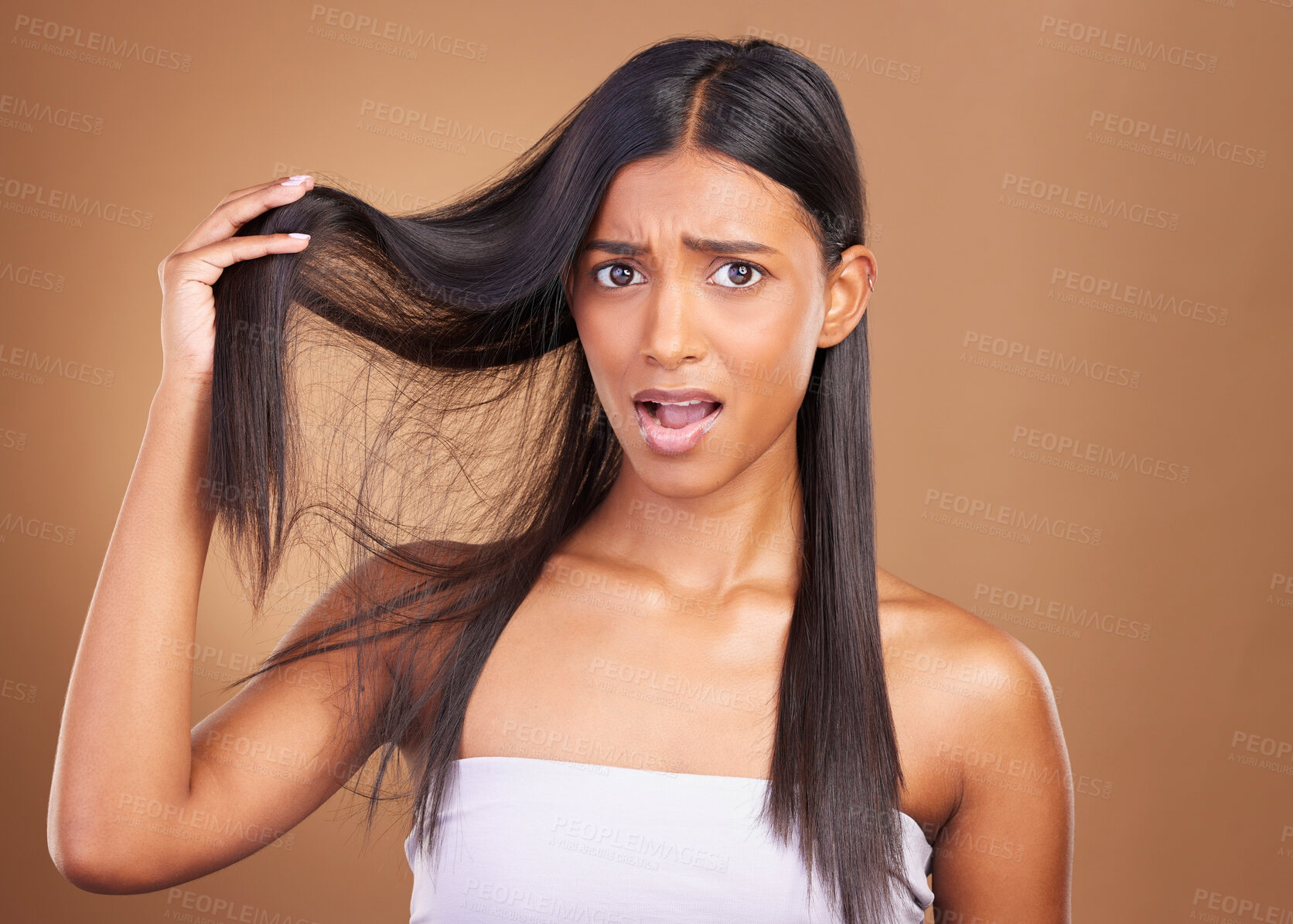 Buy stock photo Beauty, crisis and portrait of woman with hair loss in studio worry, stress or anxiety for damage on brown background. Haircare, fail and lady model face with dry scalp problem, dandruff or alopecia 