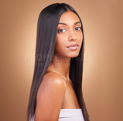 Buy stock photo Beauty, hair care and health with portrait of woman in studio for keratin, salon treatment and texture. Shampoo, cosmetics and growth with model on brown background for glamour, shine and hairstyle