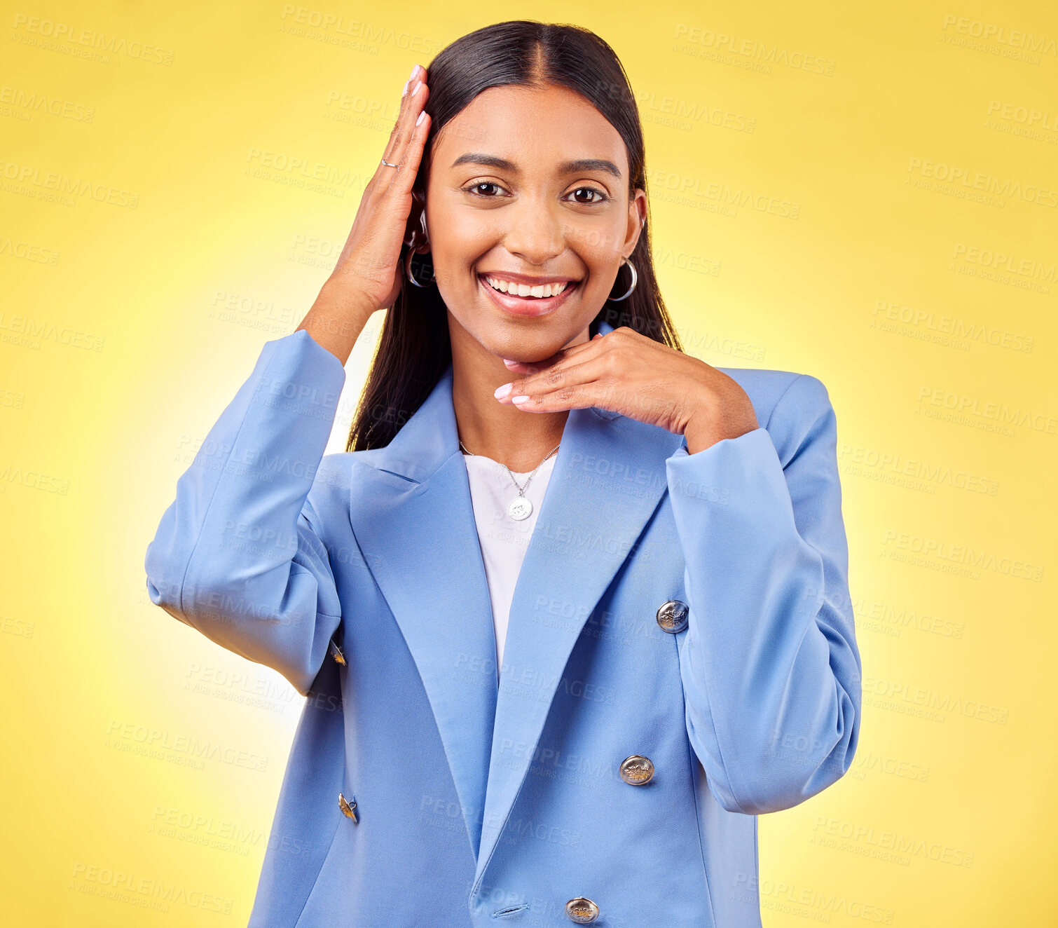 Buy stock photo Happy, portrait and hands of business woman frame face in studio yellow background for creative or unique perspective. Indian, model and hand of entrepreneur with idea for corporate startup in Mumbai