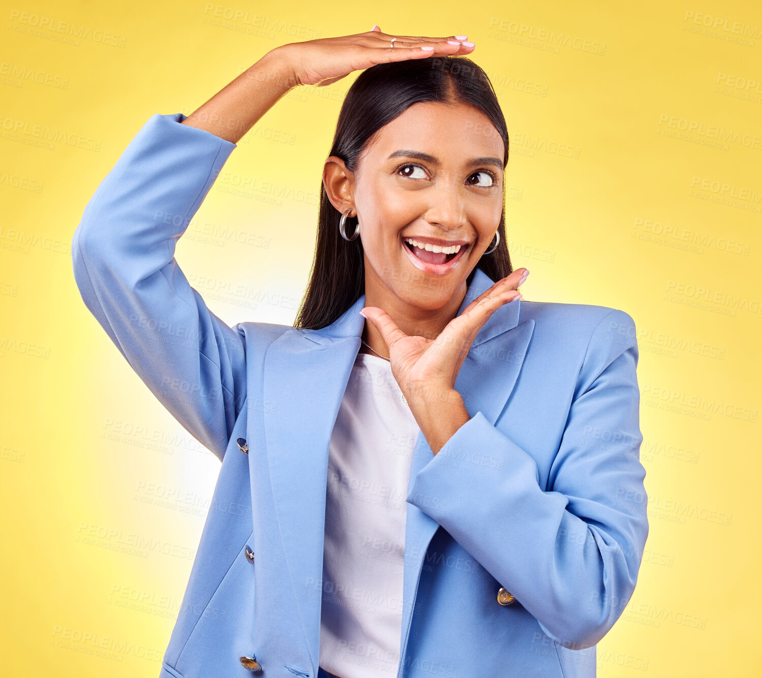 Buy stock photo Happy, business and hands of woman frame face in studio yellow background for creative perspective or unique thinking. Indian model, hand and entrepreneur with idea for corporate startup in Mumbai 