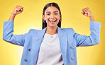 Flex, winner and portrait with business woman in studio for pride, professional and champion. Empowerment, power and strong with person on yellow background for celebration, achievement and success