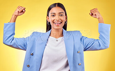 Buy stock photo Flex, winner and portrait with business woman in studio for pride, professional and champion. Empowerment, power and strong with person on yellow background for celebration, achievement and success