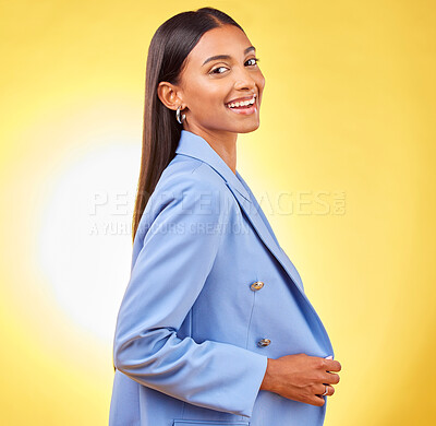 Buy stock photo Business woman, worker and portrait with professional style and fashion in a studio. Yellow background, happy and female creative employee from India with pride and writer agency career confidence
