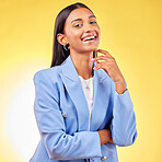 Business woman, laughing and portrait with professional style and fashion in a studio. Yellow background, happy and female creative worker from India with pride and writer agency career confidence