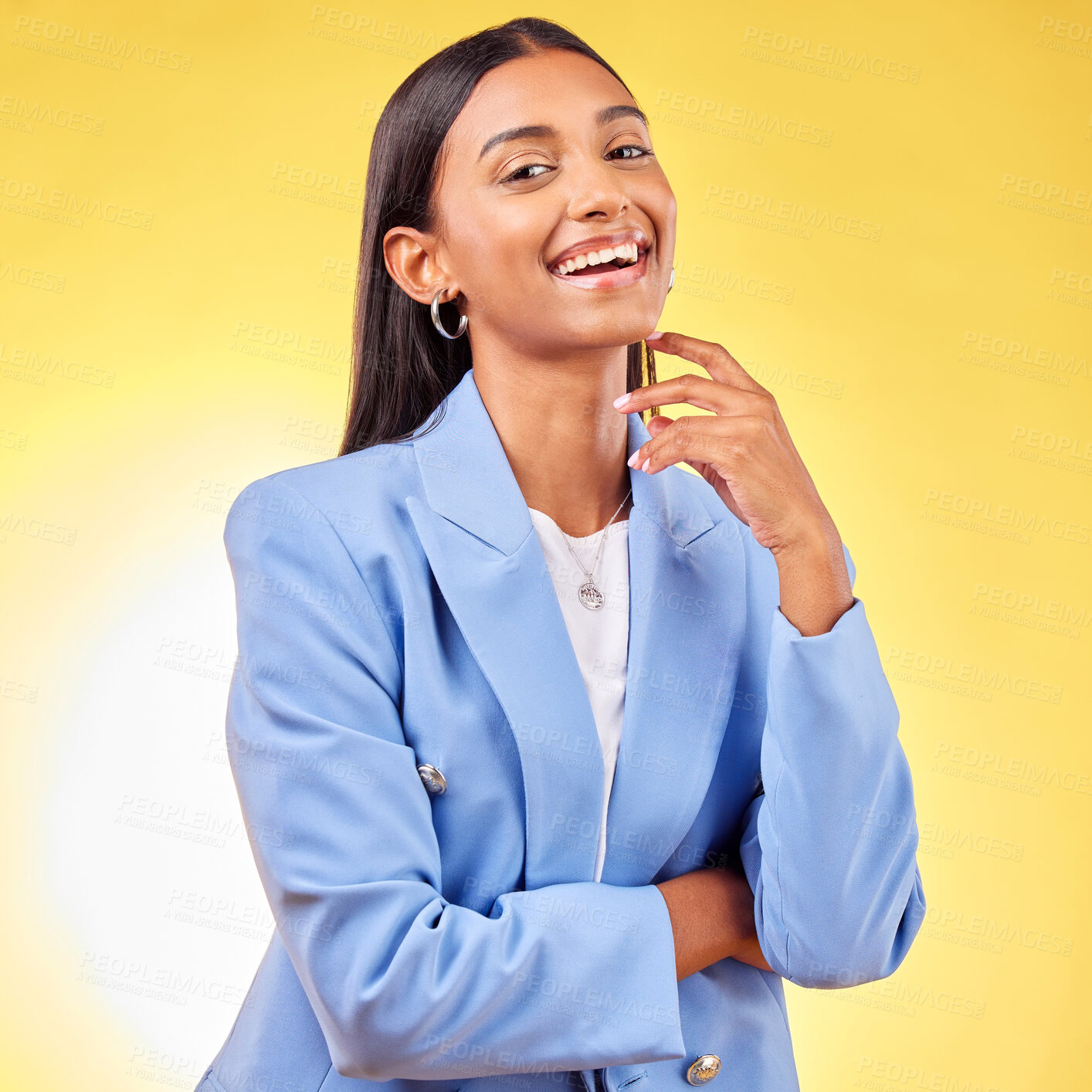 Buy stock photo Business woman, laughing and portrait with professional style and fashion in a studio. Yellow background, happy and female creative worker from India with pride and writer agency career confidence