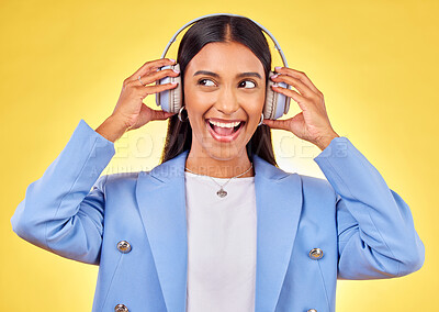 Buy stock photo Headphones, excited or businesswoman streaming music thinking of podcast on yellow background. Happy, smile or entrepreneur listening to radio song or audio sound on subscription playlist in studio