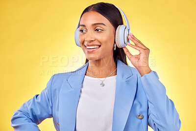 Buy stock photo Headphones, smile or businesswoman streaming music or thinking of podcast on yellow background. Happy, relax or entrepreneur listening to radio song or audio sound on subscription playlist on a break