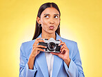 Pouting, thinking and a woman with a camera on a yellow background for a photography idea. Happy, photographer or a person with gear for paparazzi, press or a broadcast employee for pictures