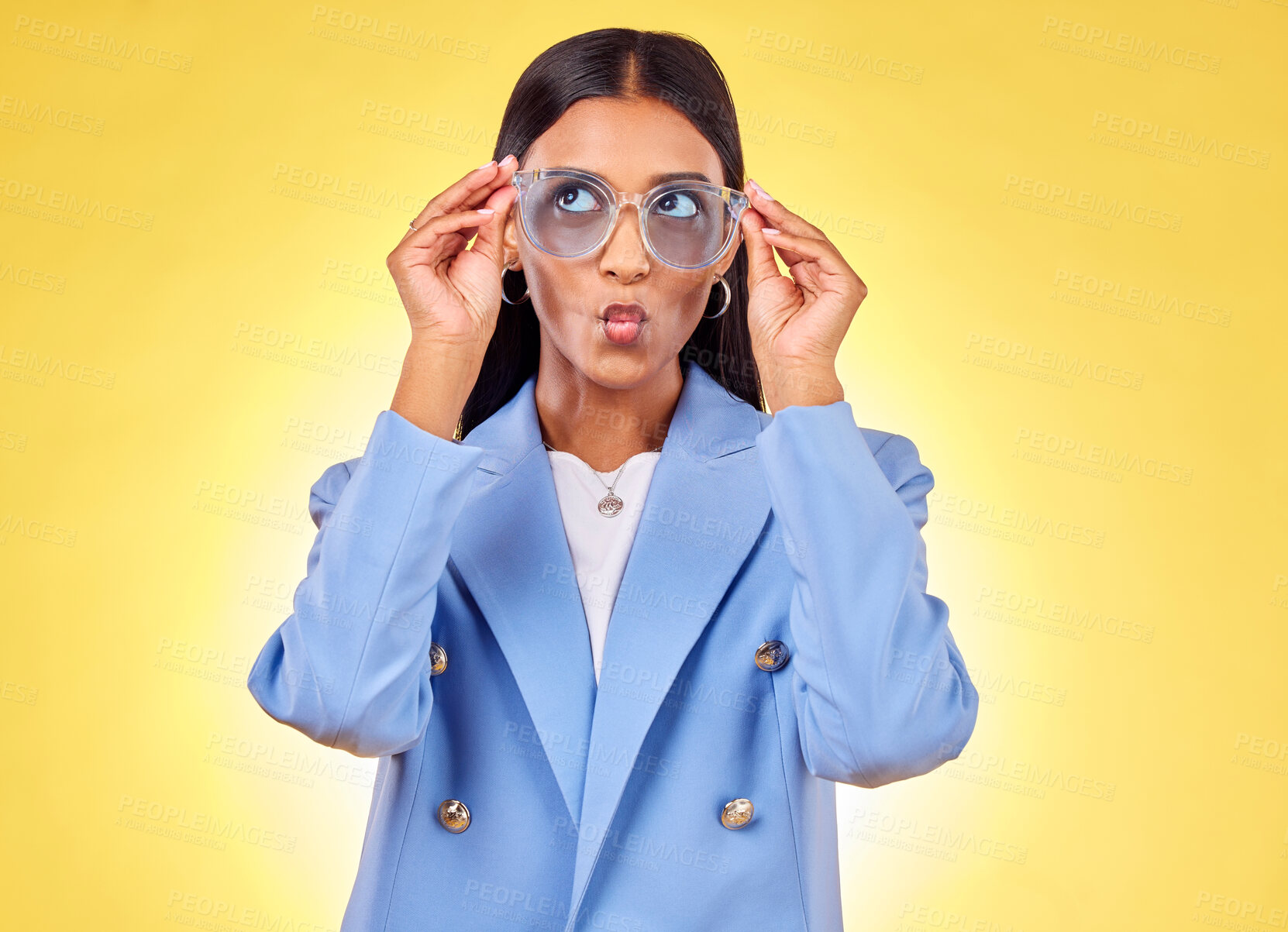 Buy stock photo Funny, happy woman and sunglasses with kiss, comedy and silly face in a studio. Yellow background, pout and young female person with modern fashion, trendy cool style and creative work clothing