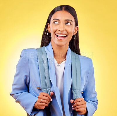 Buy stock photo Happy woman, student and thinking in studio with ideas, smile or vision of memory by yellow background. Remember, planning or Indian girl brainstorming a decision, choice or studying future with bag