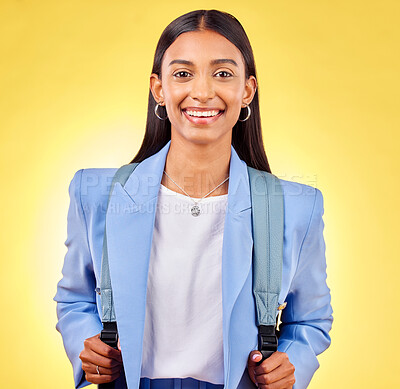 Buy stock photo Happy, studio or portrait of woman student with backpack smile or scholarship on yellow background. Bag, university or face of proud Indian college girl excited by school education, vision and future