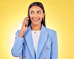 Business, phone call or woman with conversation, connection or model on yellow studio background. Network, person or consultant with a cellphone, planning or chatting with communication or discussion
