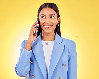 Buy stock photo Business, phone call or woman with conversation, connection or model on yellow studio background. Network, person or consultant with a cellphone, planning or chatting with communication or discussion