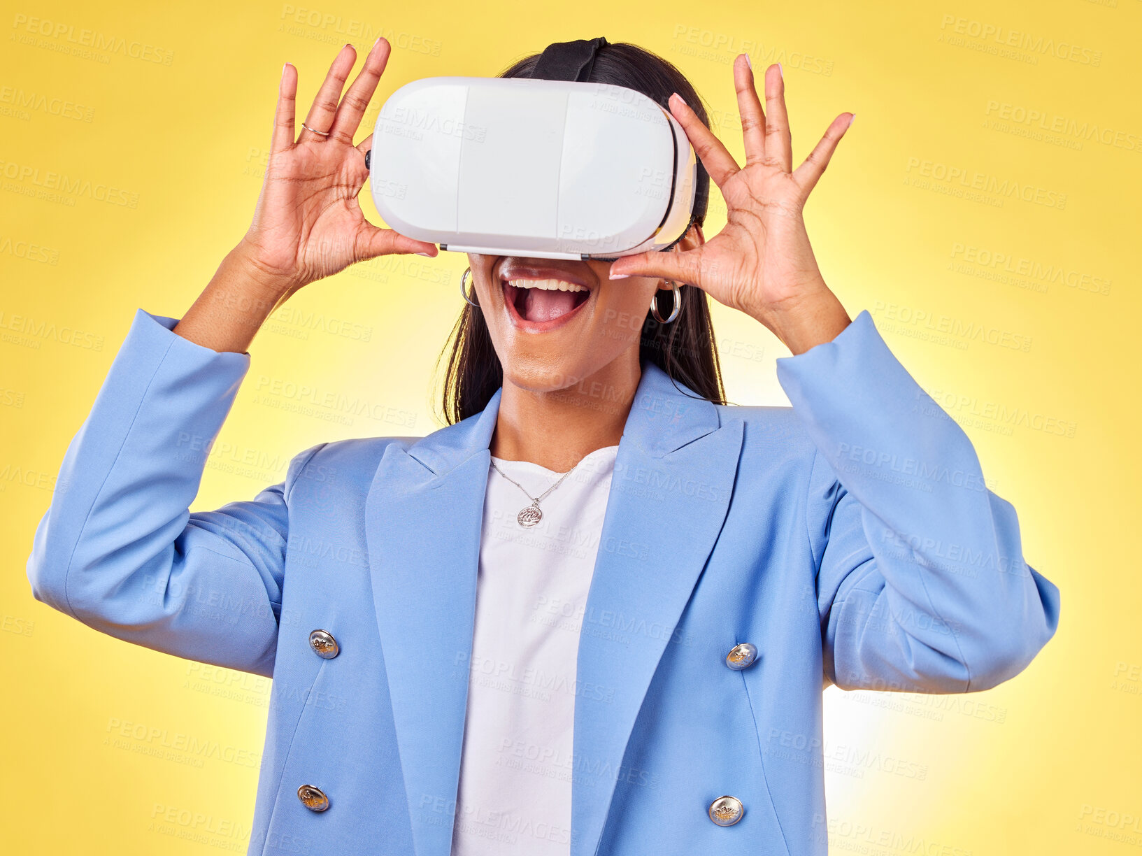 Buy stock photo Business woman, virtual reality vision and studio with hands, smile and 3d user experience by yellow background. Futuristic tech entrepreneur, ar glasses and excited for metaverse, cyber ui or system