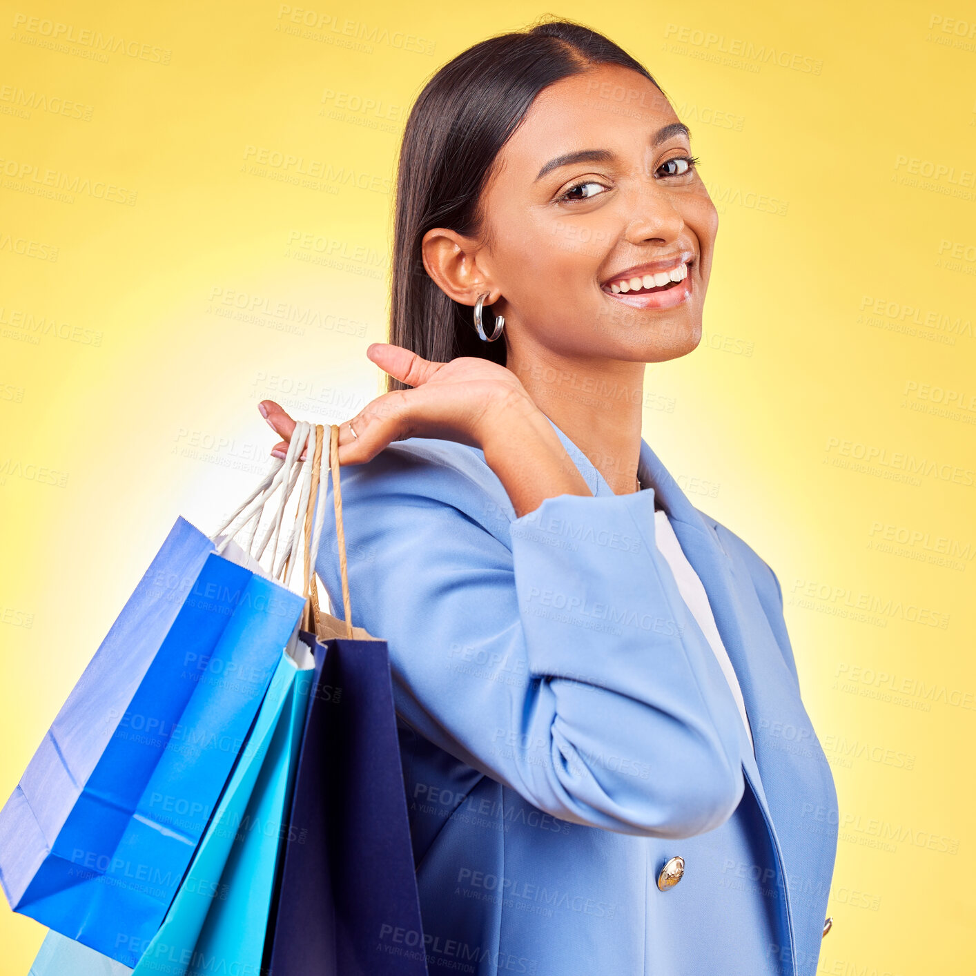 Buy stock photo Shopping, bag and portrait of woman as a customer happy for retail fashion isolated in a studio yellow background. Smile, Product, sale and young person with discount, deal or promo on clothes