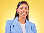 Funny, business woman and smile with silly and tongue out in a studio. Comedy, female employee and yellow background with emoji and comedy face of a employee with modern fashion and trendy style