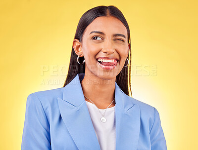 Buy stock photo Funny, business woman and smile with silly and tongue out in a studio. Comedy, female employee and yellow background with emoji and comedy face of a employee with modern fashion and trendy style