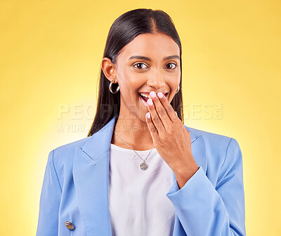 Buy stock photo Portrait, business or woman with wow, surprise or announcement on a yellow studio background. Face, person or model with shock, omg or discount deal with entrepreneur, promotion or winner with prize 