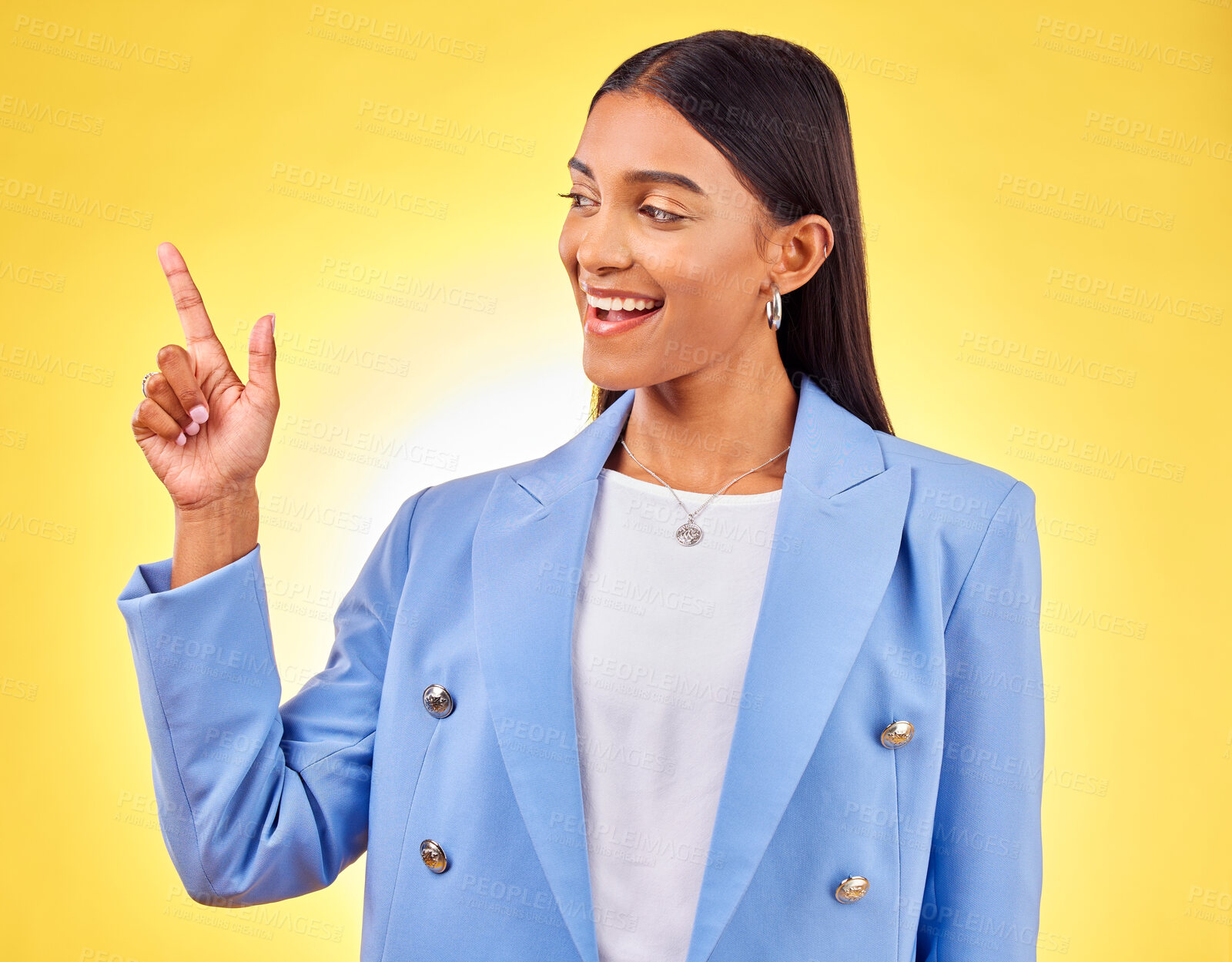 Buy stock photo Pointing up, fashion or happy woman by sale, discount deal or retail offer isolated in studio. Smile, advertising or excited designer with mockup space, news or menu promotion on yellow background